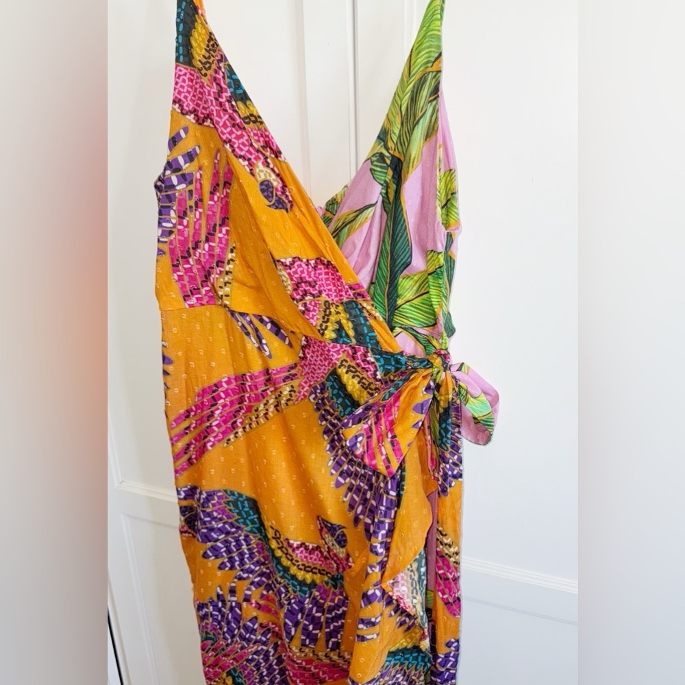 Farm Rio MIXED PRINTS MIDI WRAP DRESS  Sz MEDIUM BEADED MACAWS PINK FOLIAGE - Picture 3 of 15